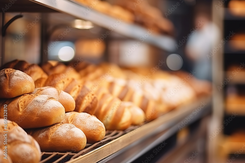 close up of a bakery shelf, with blurred background close up of a bakery shelf, with blurred background