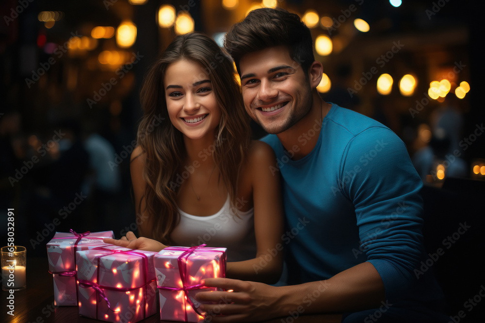 indian man giving gift to her wife on diwali festival. indian man giving gift to her wife on diwali festival.