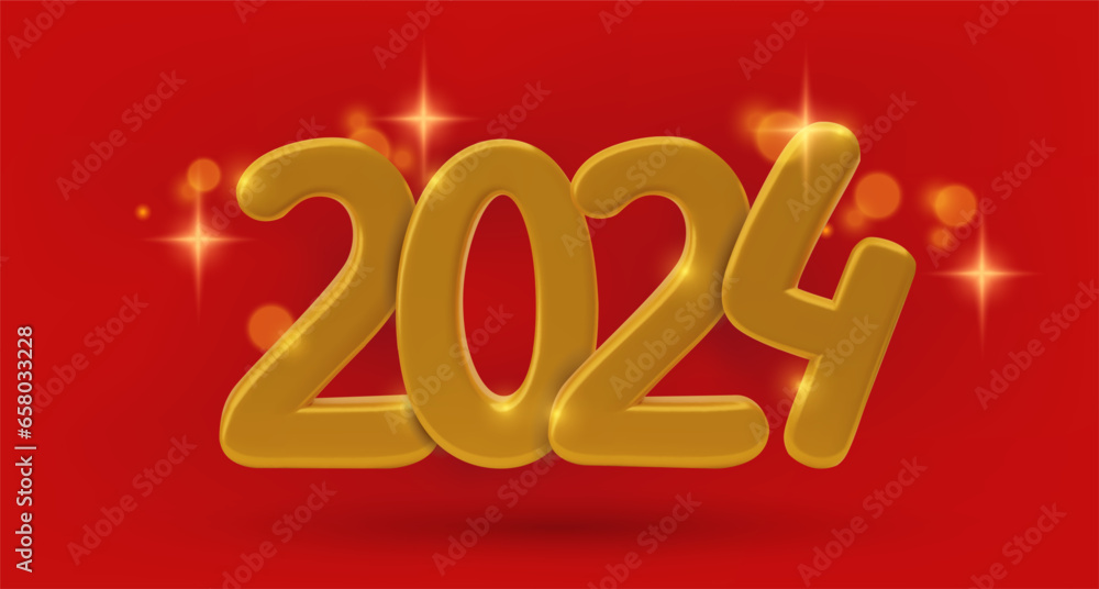 2024 New Year 3d gold numbers on red background with yellow sparkling stars light effect. Minimal realistic three dimensional festive holiday banner. Vector Illustration. 2024 New Year 3d gold numbers on red background with yellow sparkling stars light effect. Minimal realistic three dimensional festive holiday banner. Vector Illustration.