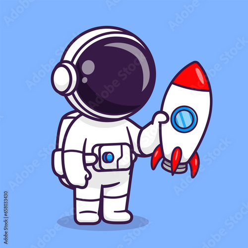 Cute Astronaut Holding Rocket Cartoon Vector Icon Illustration. Science Technology Icon Concept Isolated Premium Vector. Flat Cartoon Style