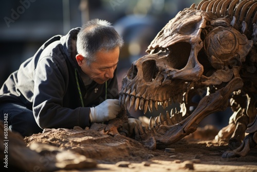 Archaeologist meticulously brushing dust off a well-preserved fossil, Generative AI  © Shooting Star Std