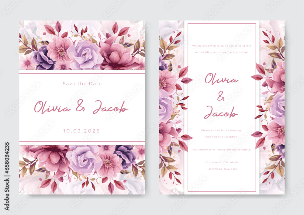 Wedding invitation template with floral and hand lettering