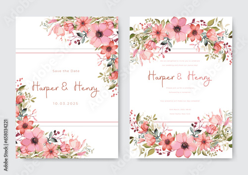 Wedding invitation template with pink flowers