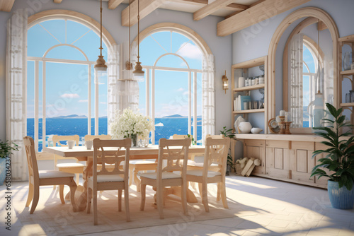 Interior design of kitchen and dining room with large window.