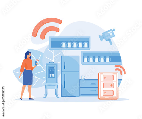 Smart home, character with modern kitchen, controlling house digital system on tablet app, flat vector modern illustration