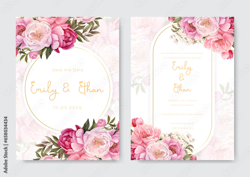 Wedding invitation template elegant wedding stationery with pink flower and leaves - obrazy, fototapety, plakaty 