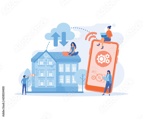 smart home concept, internet wi-fi, data transfer, communication, connecting apartment buildings to the internet, flat vector modern illustration