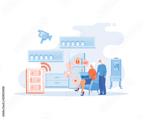 Smart home system develop and IOT system. Elderly couple holding remote home control system on a digital tablet. flat vector modern illustration
