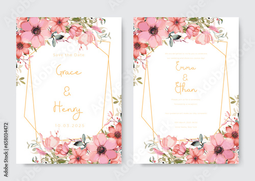 Wedding invitation template with floral feather watercolor