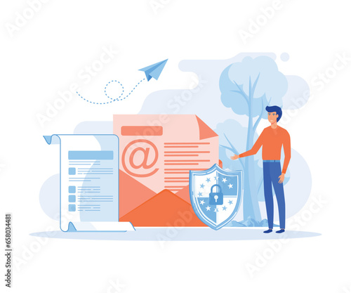 Concept of encryption of emails. Internet data protection, business assets security system. letter with shield, flat vector modern illustration
