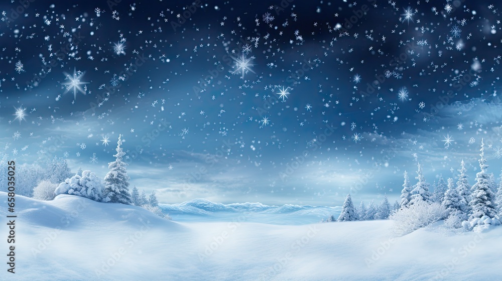 Winter landscape with snow and falling snowflakes. Illustration banner ai generative.