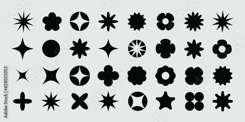 Brutalist Shapes. Geometric abstract shapes and grid forms. Bauhaus minimalist graphic design elements. Y2K Vector Signs.  Star and flower basic and other primitive elements. Swiss design aesthetic