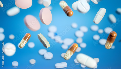 Many pills and capsules falling with a blue background.