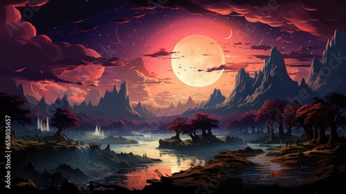 Fascinating space: the art of optical illusions. Dream landscape. Mountains, moon in bright colors.