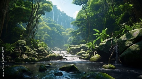 Long river of the waterfall between green mountains. Dense rainforest with lush green foliage still life . © Ai Studio