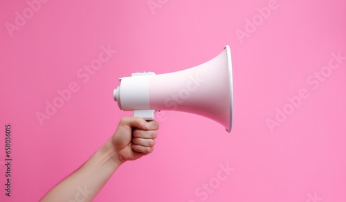 Man holding a pink megaphone to be heard speech.
