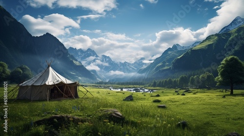 Tourist camp in the mountains, tent in the foreground .