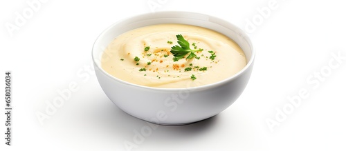 Vegetable cream soup top view white background