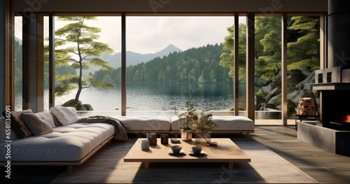Living room with large glass windows overlooking a lake. © Goojournoon