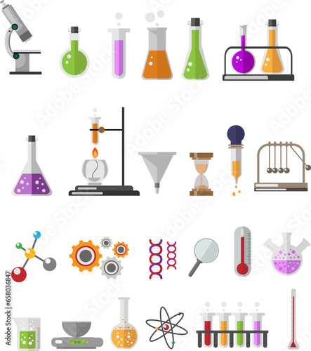 Graphic set chemical laboratory science flat vector. Vector about Chemical laboratory laboratory glass equipment chemical reaction test tubes and flask,
