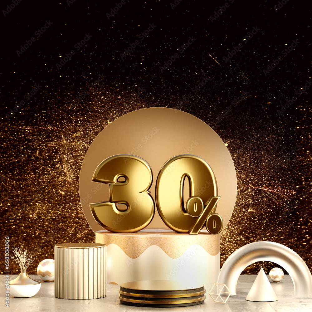30% or thirty percent 3d realistic metal shiny gold text on black