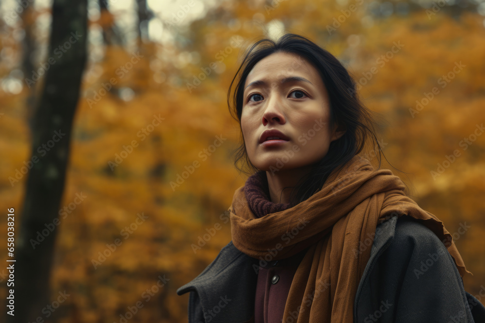 Asian woman enjoying autumn in the woods Asian woman enjoying autumn in the woods