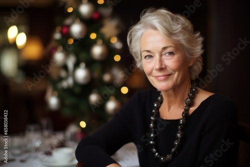 Portrait of happy senior woman sitting at table with Christmas tree in background