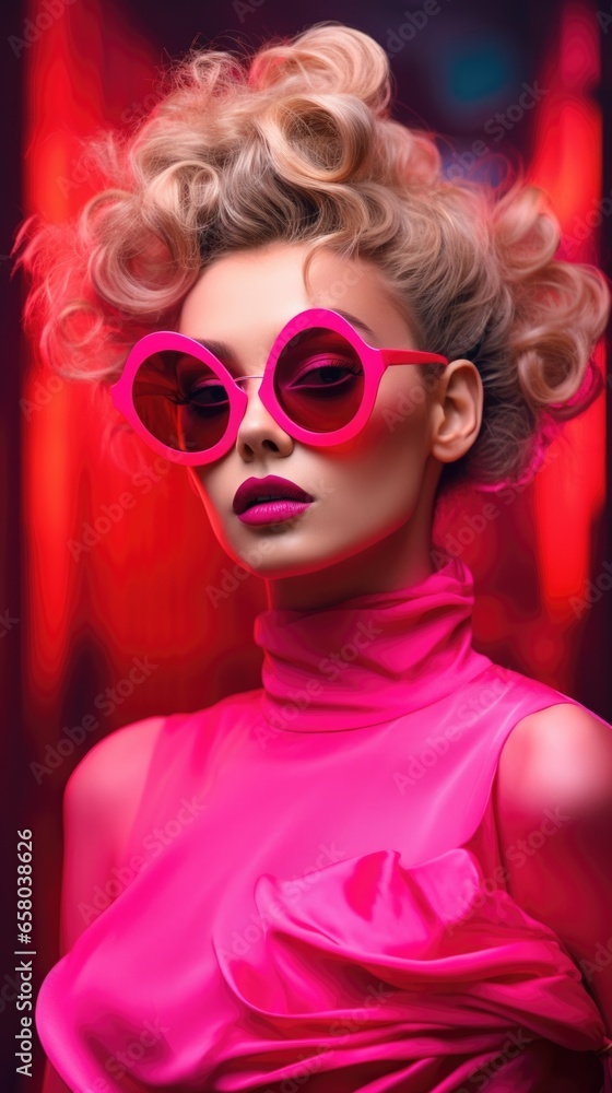 A woman in a pink dress and pink sunglasses A woman in a pink dress and pink sunglasses