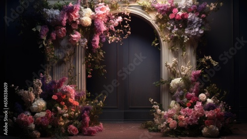 A doorway with a bunch of flowers in front of it © Maria Starus
