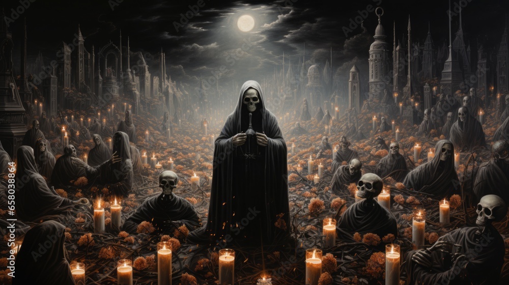 In eerie darkness, skeletal figures draped in black mantles gather in In eerie darkness, skeletal figures draped in black mantles gather in