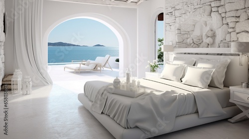 3d Mediterranean Greek island style allwhite bedroom with unique style and a view to the aegean sea .