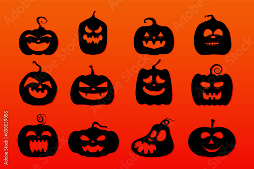 Pumpkin silhouettes collection for halloween celebration on orang background.