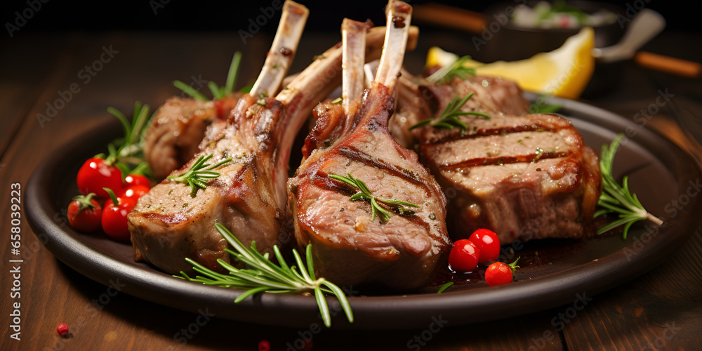 Grilled lamb chops with barbeque sauce on a plate with black and blurry background Lamb chops prepared with pesto sauce Illustration.AI Generative