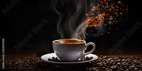  Coffee cup hot with smoke on black background Dark Elegance: Coffee Cup Delight Steaming Hot Coffee Cup on Dark, AI Generative 