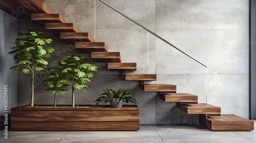 Close-up of wooden stair winders  elegant design with granite base  sunlit tropical tree against polished concrete wall--an ideal 3D loft interior design .