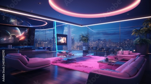 Interior of a futuristic luxury bedroom with bed, neon lighting, led tv on the wall, and impressive ceiling design . photo