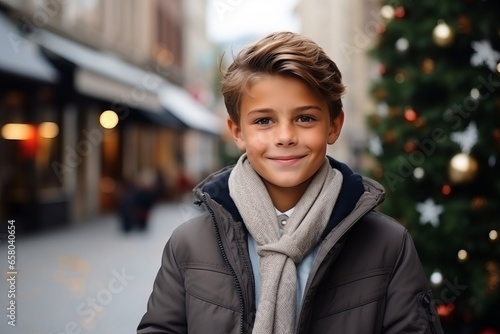 Portrait of a cute boy on the street with christmas tree in the background © Nerea