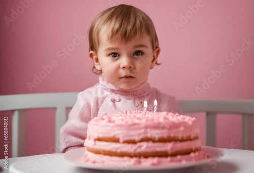 Ritratto di compleanno di una bambina in abiti rosa su sfondo rosa III photo