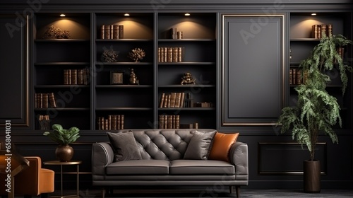Modern interior design for home, office, interior details, upholstered furniture against the background of a dark classic wall .
