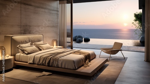 Modern luxury bedroom open to patio with ocean view . © Ai Studio