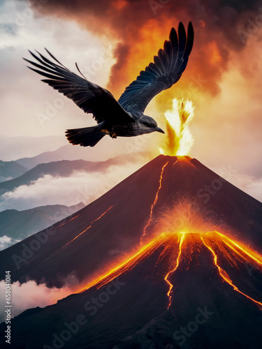burning volcano in the sky and a bird © Ashik