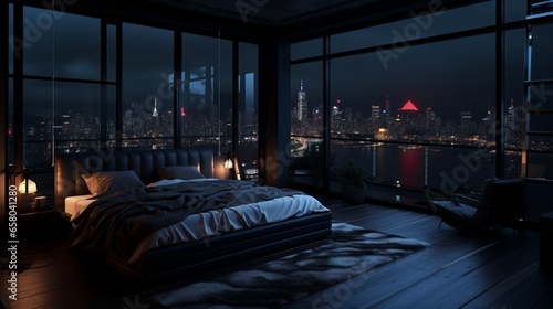 penthouse bedroom at night, dark gloomy, A room with a view of the city from the bed .