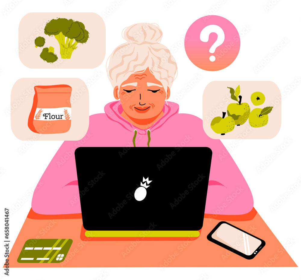 Elderly woman chooses products online. Internet shopping at computer. Ordering food, paying for purchase with credit card on the website. Old lady with laptop sitting at desk. Vector.