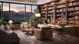Stylish home office or library with custom built in bookshelves, comfortable seating, and inspiring views for a tranquil workspace .