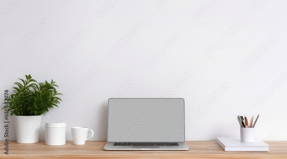 Laptop mock up on wooden blotchy white table. Laptop mock up on wooden blotchy white table.