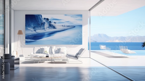 Villa beachfront home concept image and home design inspiration, in the style of calm seas and skies. © Goojournoon
