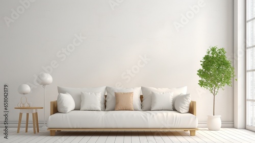 White room with sofa. Scandinavian interior design. 3D illustration .