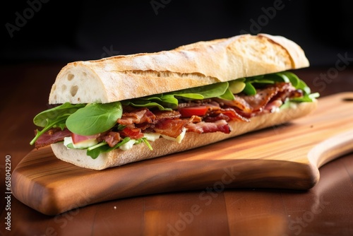 close-up of a baguette sandwich with avocado and bacon