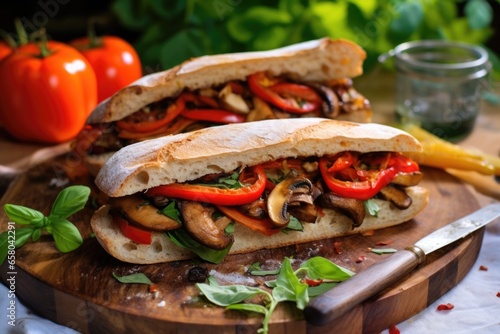 vegan baguette sandwich with mushrooms and bell peppers