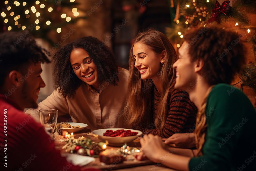 happy friends of mixed races celebrating Christmas at home party. celebration and holidays concept